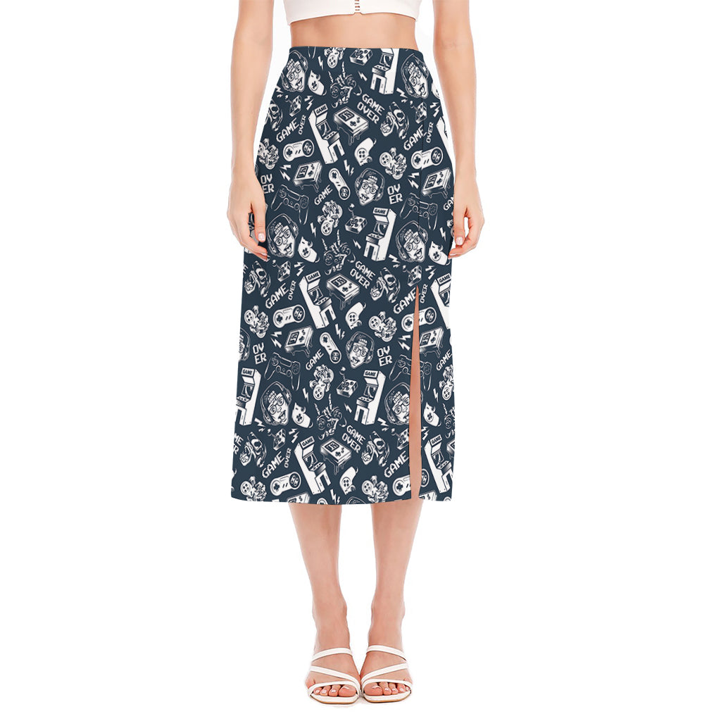 Video Game Devices Pattern Print Side Slit Midi Skirt