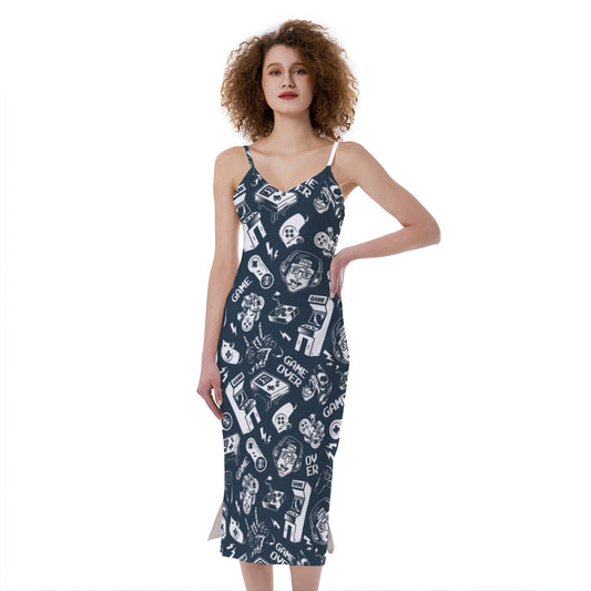 Video Game Devices Pattern Print Slim Fit Midi Cami Dress