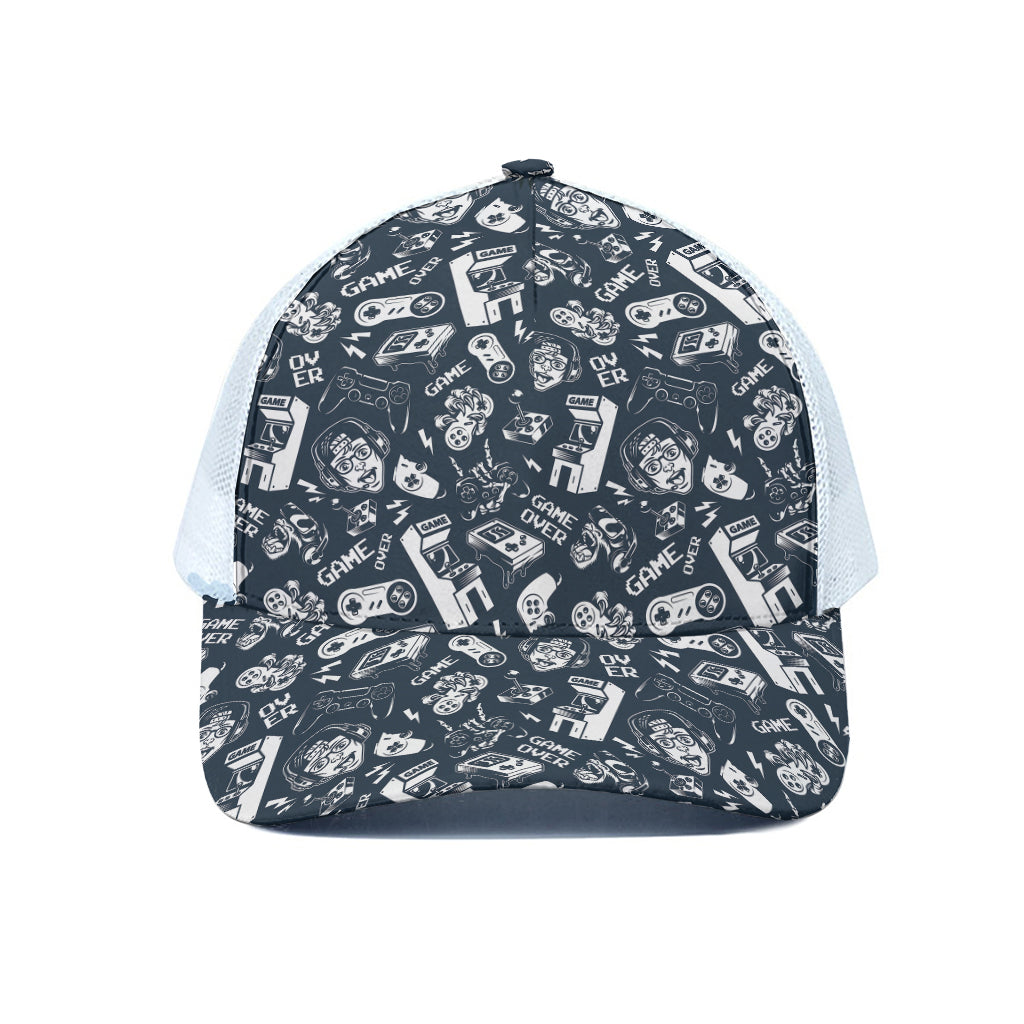 Video Game Devices Pattern Print White Mesh Trucker Cap