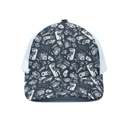 Video Game Devices Pattern Print White Mesh Trucker Cap