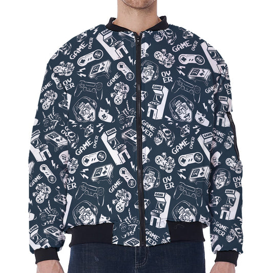 Video Game Devices Pattern Print Zip Sleeve Bomber Jacket