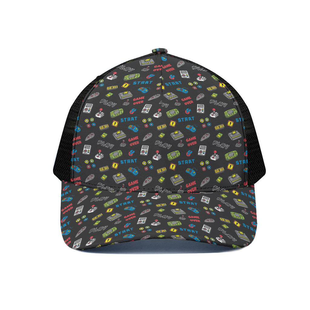Video Game Gadgets Pattern Print Black Mesh Trucker Cap