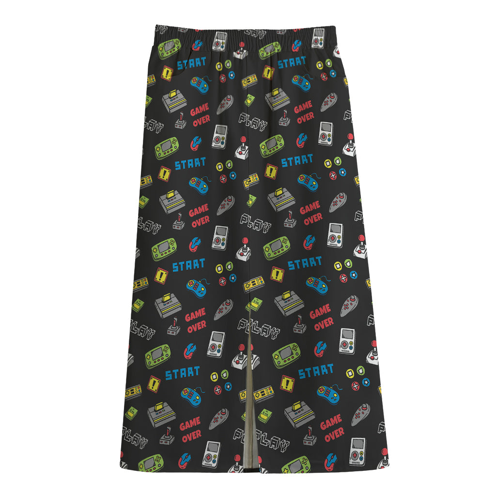 Video Game Gadgets Pattern Print Cotton Front Slit Maxi Skirt