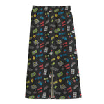 Video Game Gadgets Pattern Print Cotton Front Slit Maxi Skirt