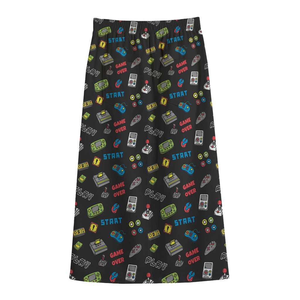 Video Game Gadgets Pattern Print Cotton Front Slit Maxi Skirt