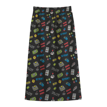 Video Game Gadgets Pattern Print Cotton Front Slit Maxi Skirt