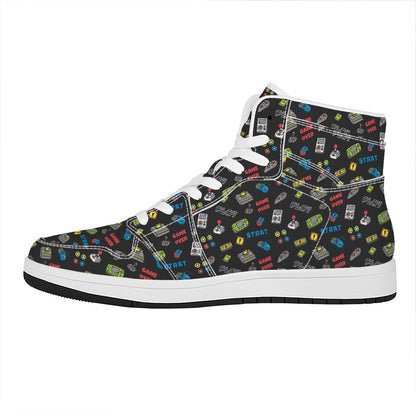 Video Game Gadgets Pattern Print High Top Leather Sneakers