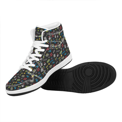 Video Game Gadgets Pattern Print High Top Leather Sneakers