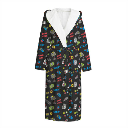 Video Game Gadgets Pattern Print Hooded Bathrobe