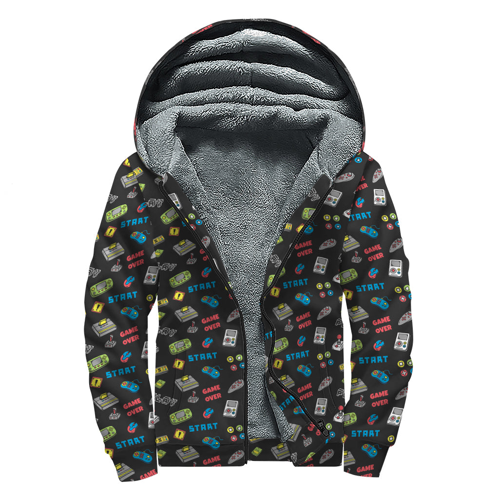 Video Game Gadgets Pattern Print Sherpa Lined Zip Up Hoodie