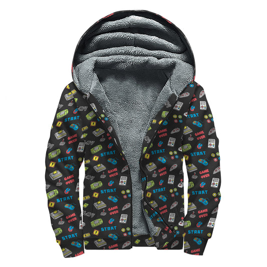 Video Game Gadgets Pattern Print Sherpa Lined Zip Up Hoodie
