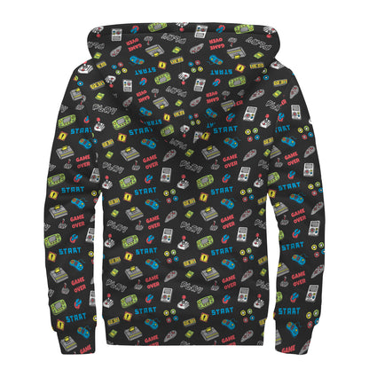 Video Game Gadgets Pattern Print Sherpa Lined Zip Up Hoodie