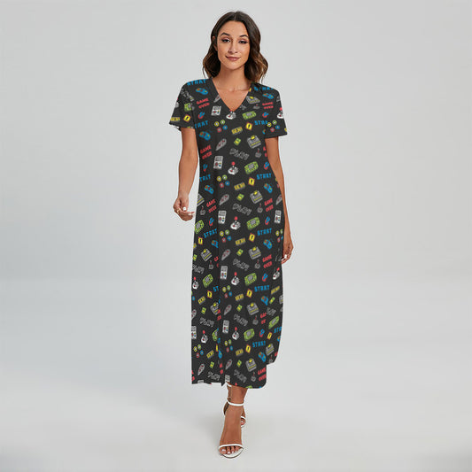 Video Game Gadgets Pattern Print Short Sleeve Maxi Dress