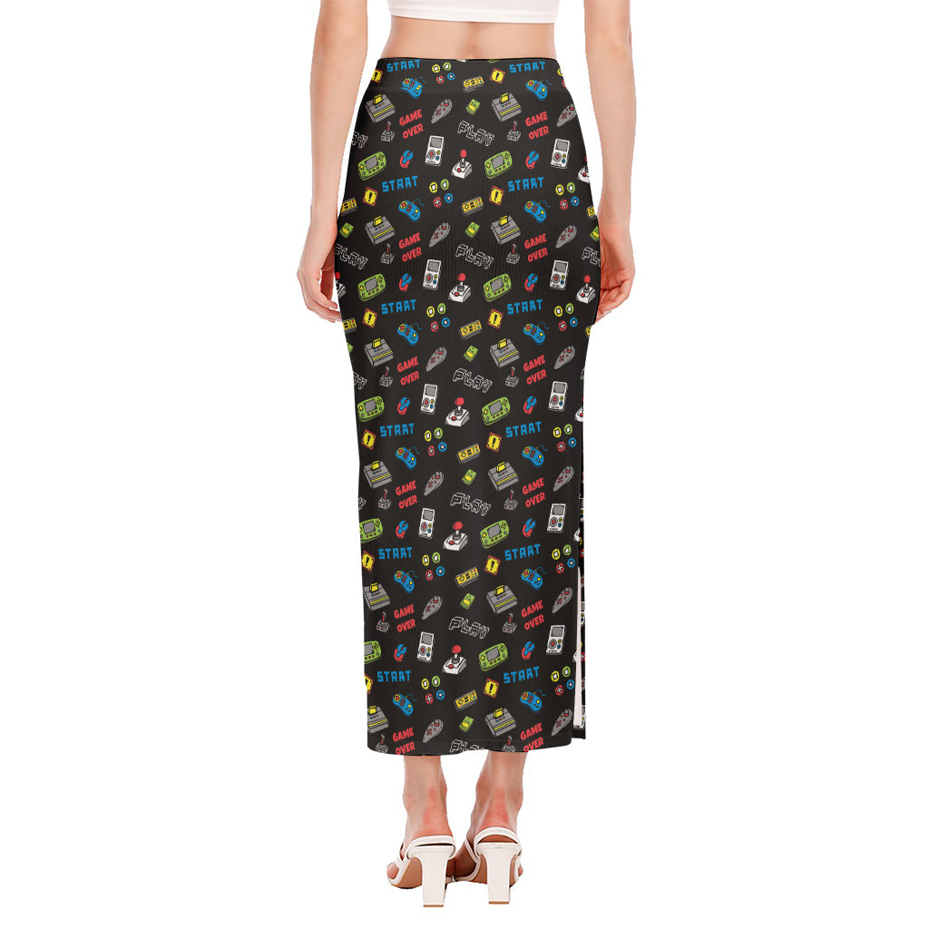 Video Game Gadgets Pattern Print Side Slit Maxi Skirt