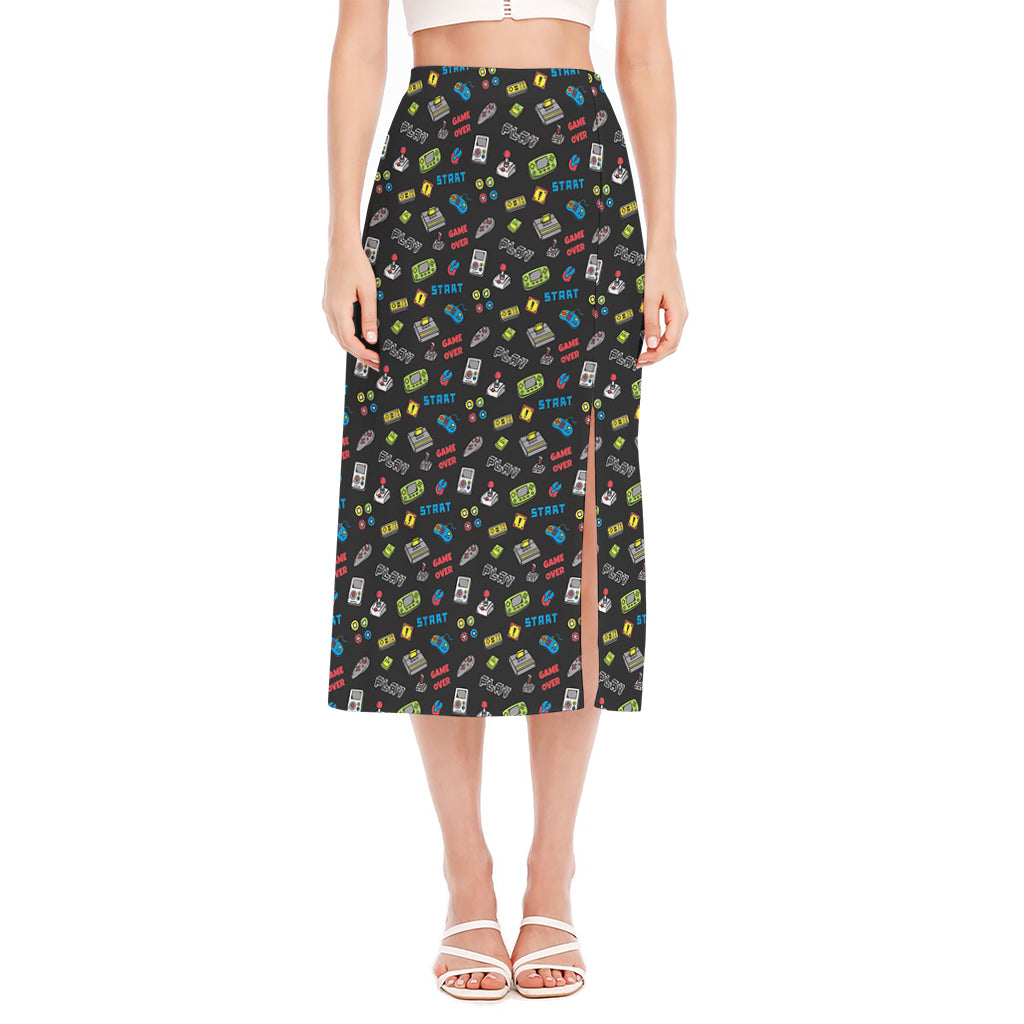 Video Game Gadgets Pattern Print Side Slit Midi Skirt