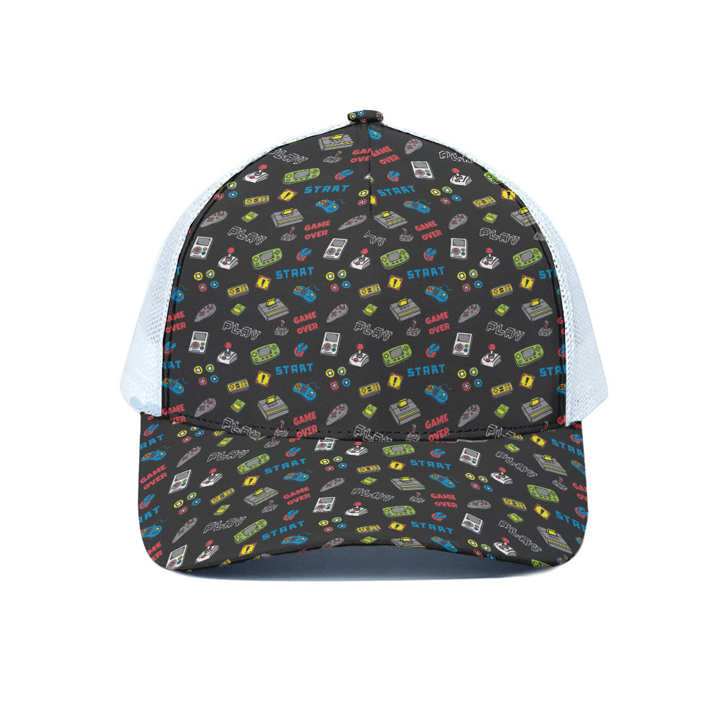 Video Game Gadgets Pattern Print White Mesh Trucker Cap