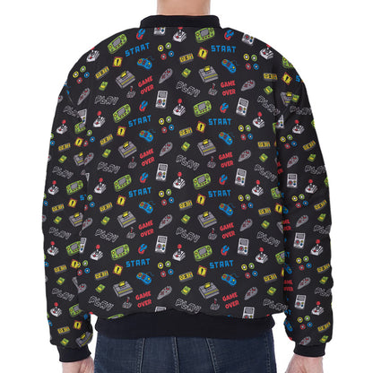 Video Game Gadgets Pattern Print Zip Sleeve Bomber Jacket