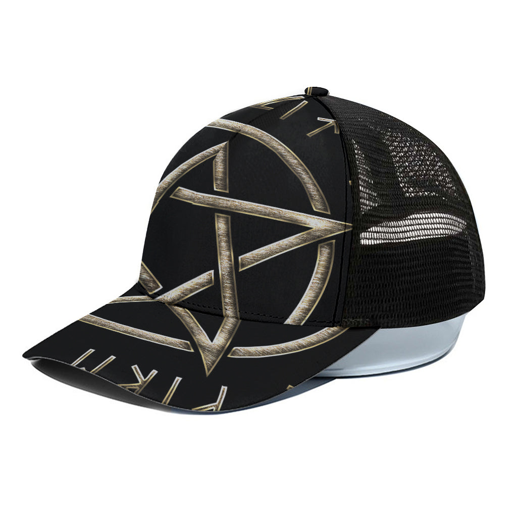 Viking Nordic Runes Pentagram Print Black Mesh Trucker Cap