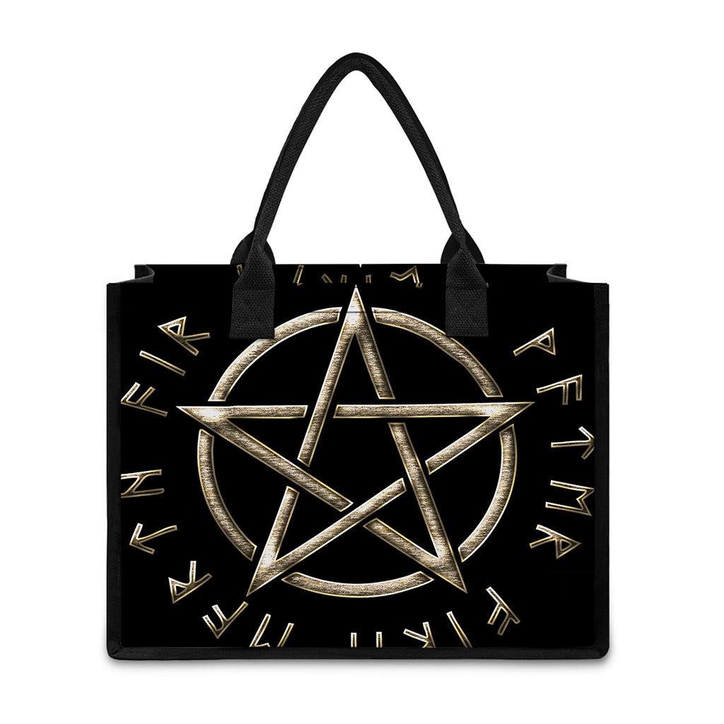 Viking Nordic Runes Pentagram Print Canvas Tote Bag