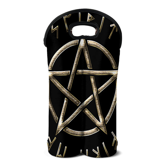Viking Nordic Runes Pentagram Print Double Neoprene Wine Tote