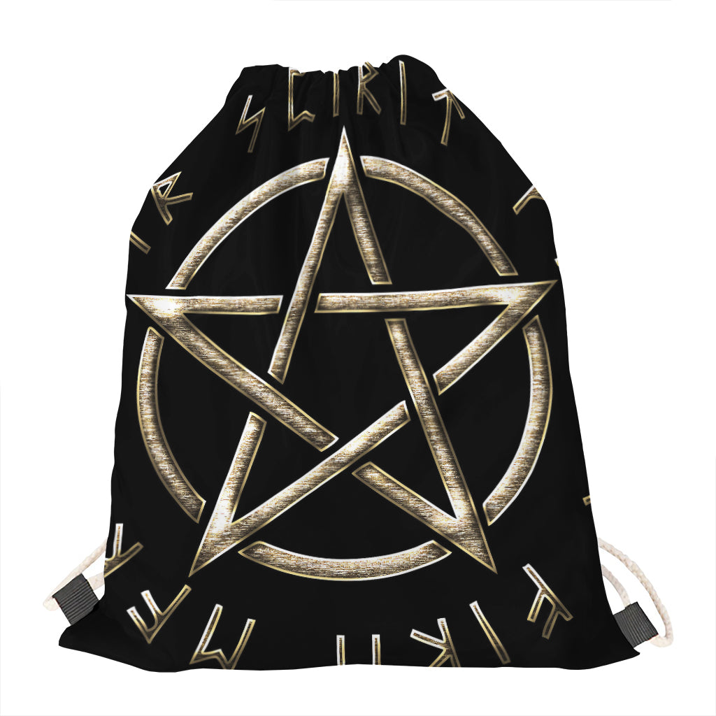 Viking Nordic Runes Pentagram Print Drawstring Bag