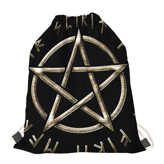 Viking Nordic Runes Pentagram Print Drawstring Bag
