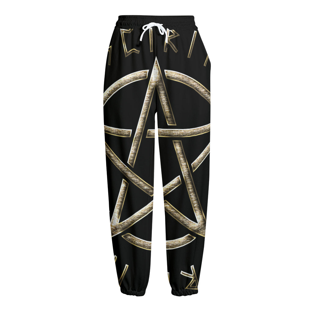 Viking Nordic Runes Pentagram Print Fleece Lined Knit Pants