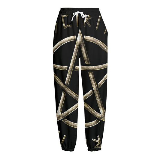 Viking Nordic Runes Pentagram Print Fleece Lined Knit Pants