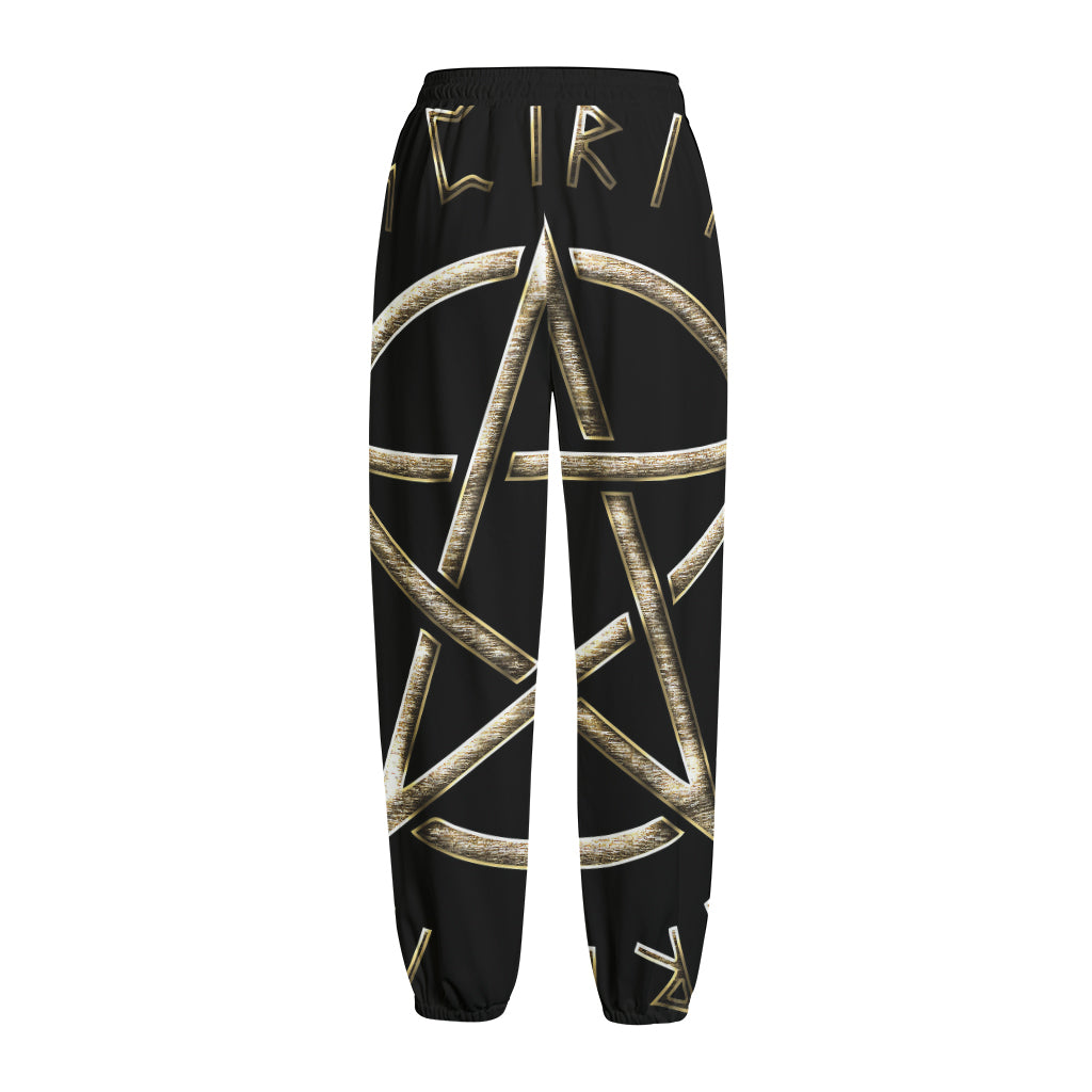 Viking Nordic Runes Pentagram Print Fleece Lined Knit Pants