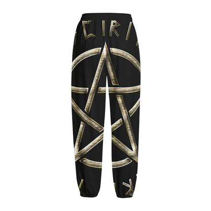 Viking Nordic Runes Pentagram Print Fleece Lined Knit Pants