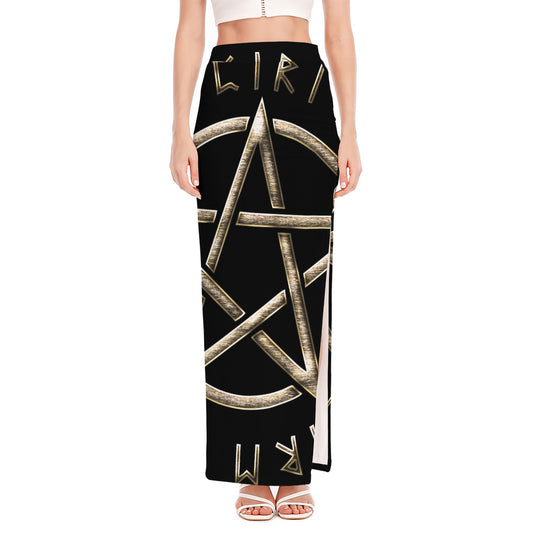 Viking Nordic Runes Pentagram Print High Slit Maxi Skirt