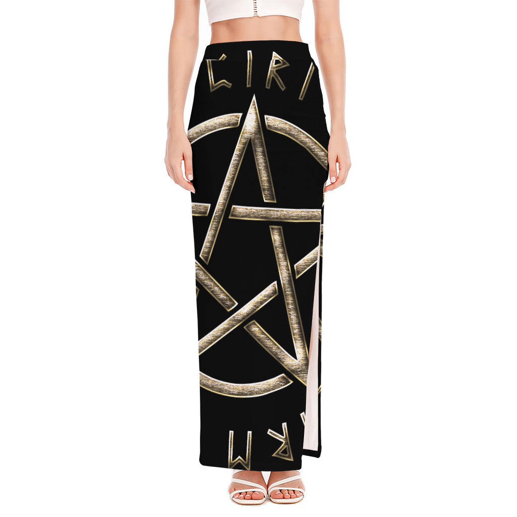 Viking Nordic Runes Pentagram Print High Slit Maxi Skirt