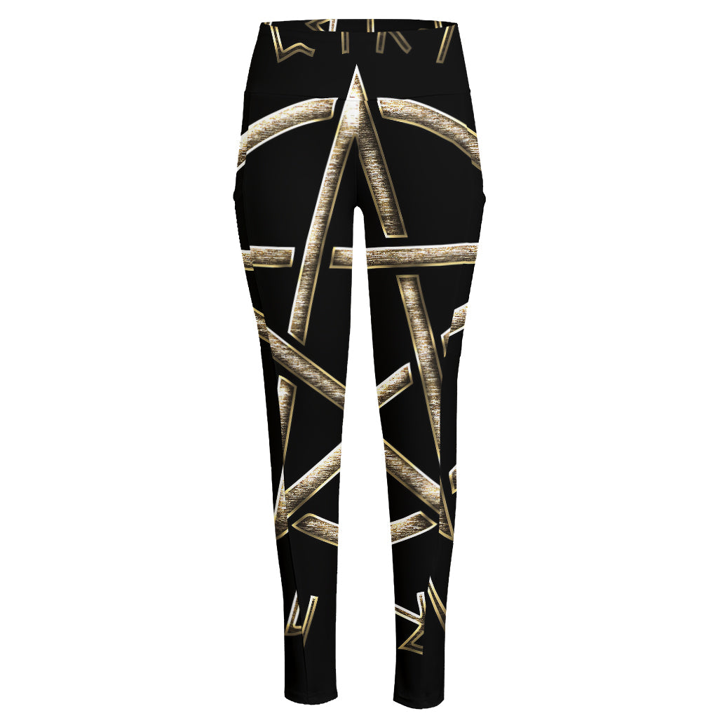 Viking Nordic Runes Pentagram Print High-Waisted Pocket Leggings