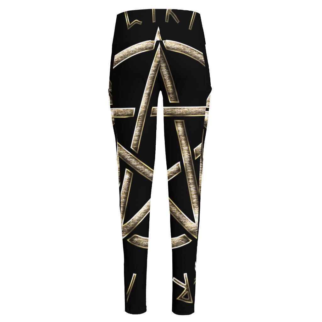 Viking Nordic Runes Pentagram Print High-Waisted Pocket Leggings