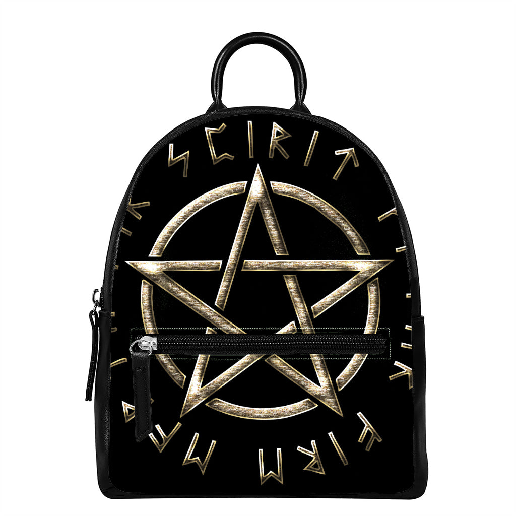 Viking Nordic Runes Pentagram Print Leather Backpack