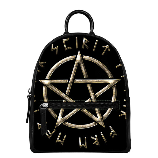 Viking Nordic Runes Pentagram Print Leather Backpack