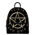 Viking Nordic Runes Pentagram Print Leather Backpack