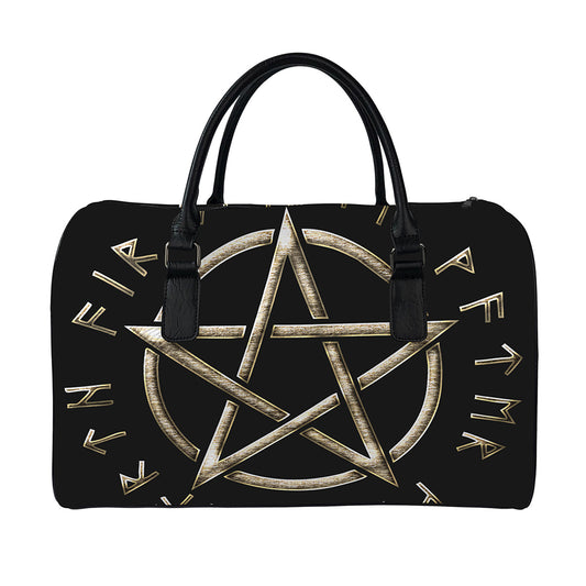 Viking Nordic Runes Pentagram Print Leather Duffle Bag