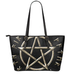 Viking Nordic Runes Pentagram Print Leather Tote Bag