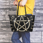 Viking Nordic Runes Pentagram Print Leather Tote Bag