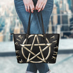 Viking Nordic Runes Pentagram Print Leather Tote Bag