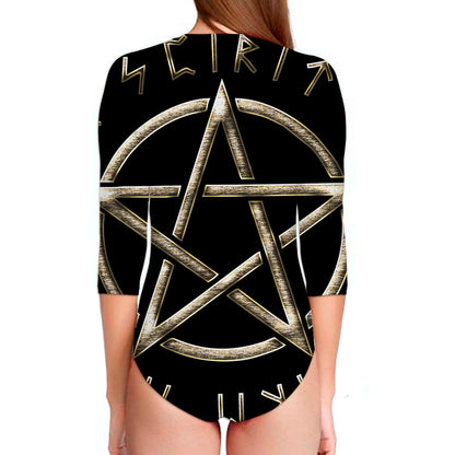 Viking Nordic Runes Pentagram Print Long Sleeve Swimsuit