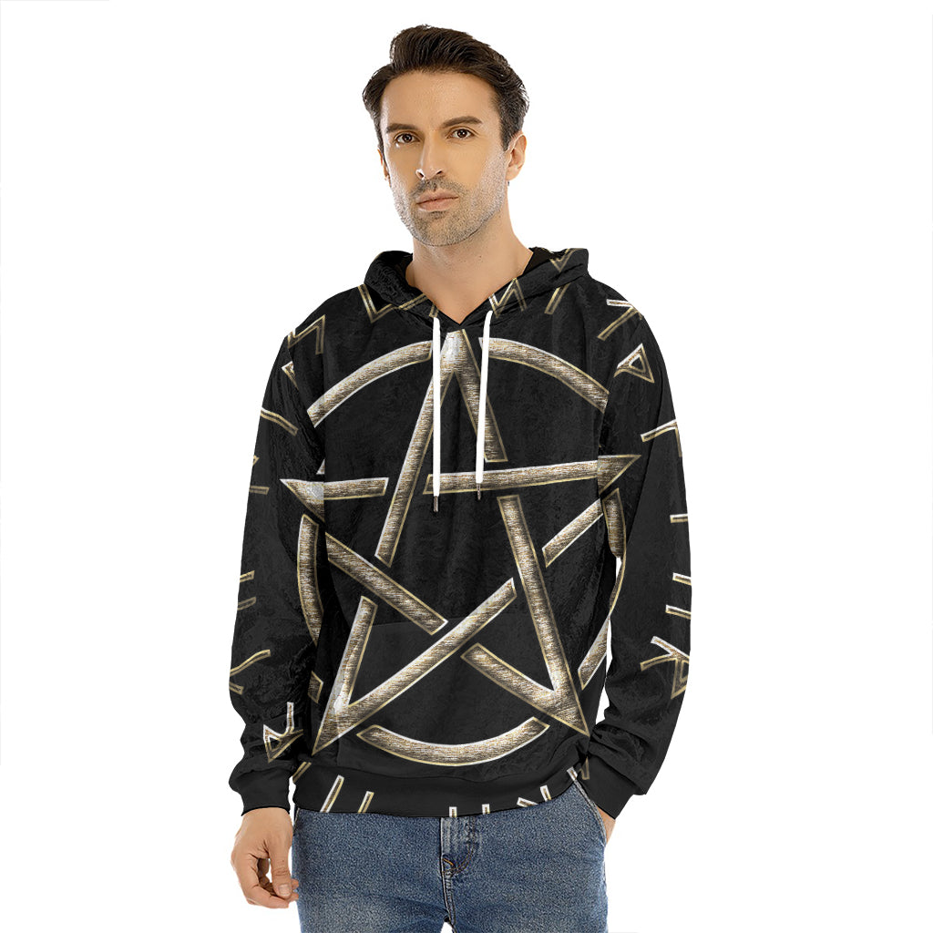 Viking Nordic Runes Pentagram Print Men's Velvet Pullover Hoodie