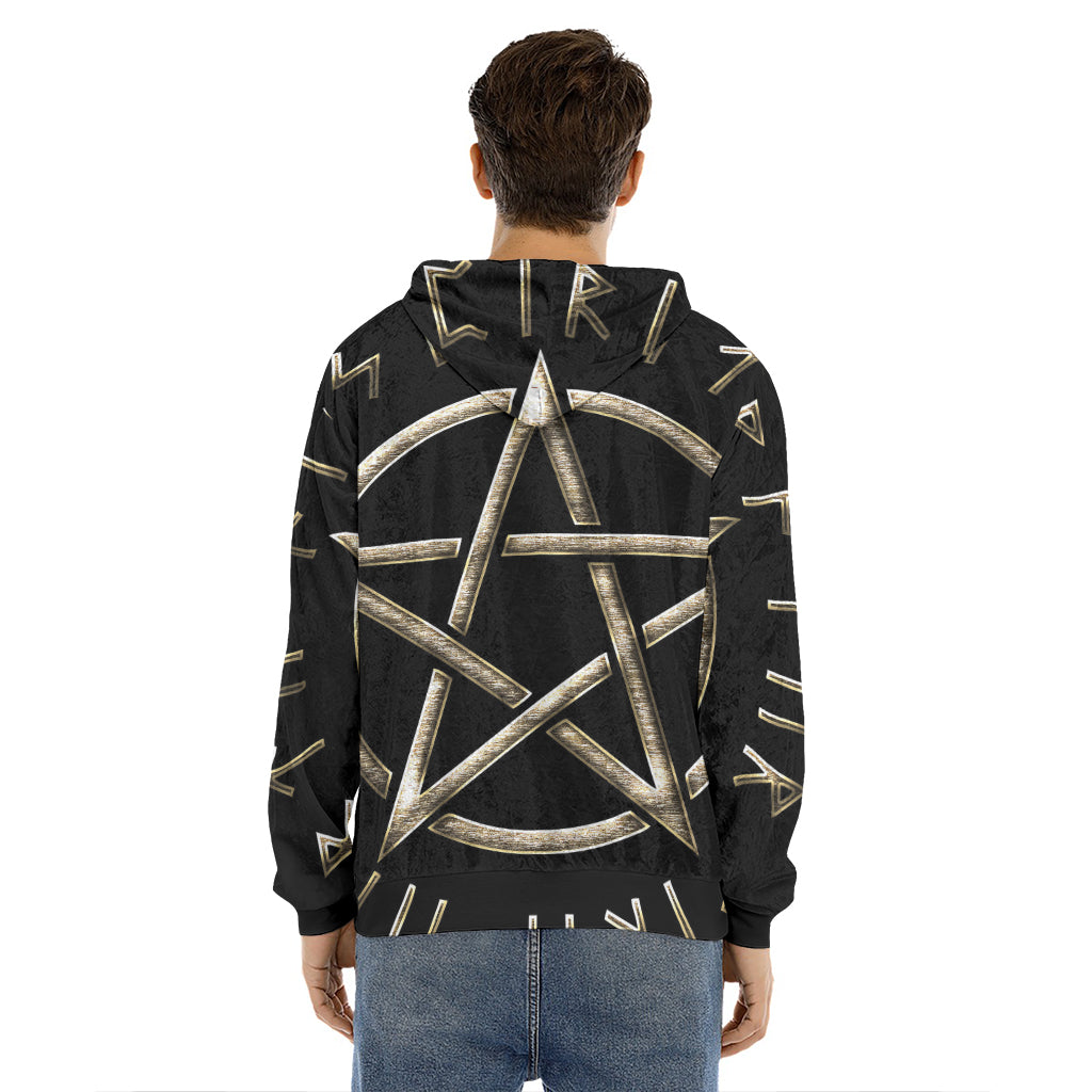 Viking Nordic Runes Pentagram Print Men's Velvet Pullover Hoodie