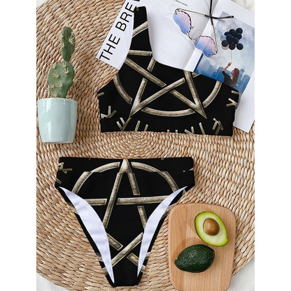 Viking Nordic Runes Pentagram Print One Shoulder Bikini Top