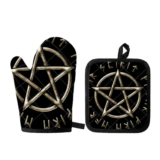 Viking Nordic Runes Pentagram Print Oven Mitt And Pot Holder Set