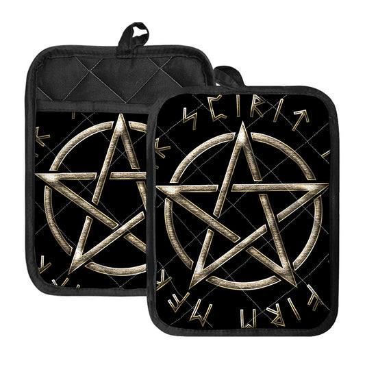 Viking Nordic Runes Pentagram Print Pot Holders With Pocket