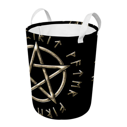 Viking Nordic Runes Pentagram Print Round Laundry Basket
