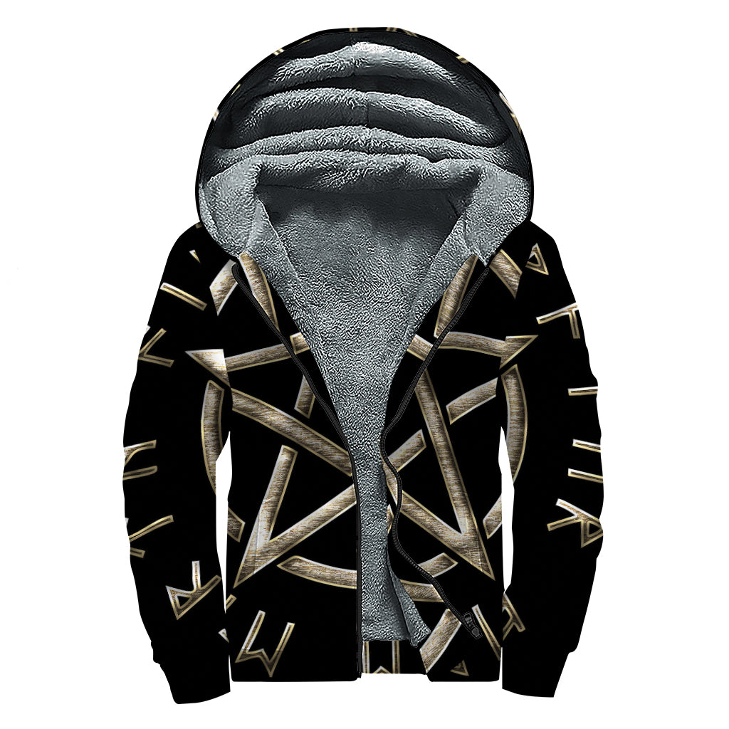Viking Nordic Runes Pentagram Print Sherpa Lined Zip Up Hoodie