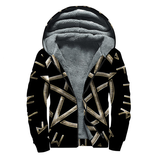 Viking Nordic Runes Pentagram Print Sherpa Lined Zip Up Hoodie